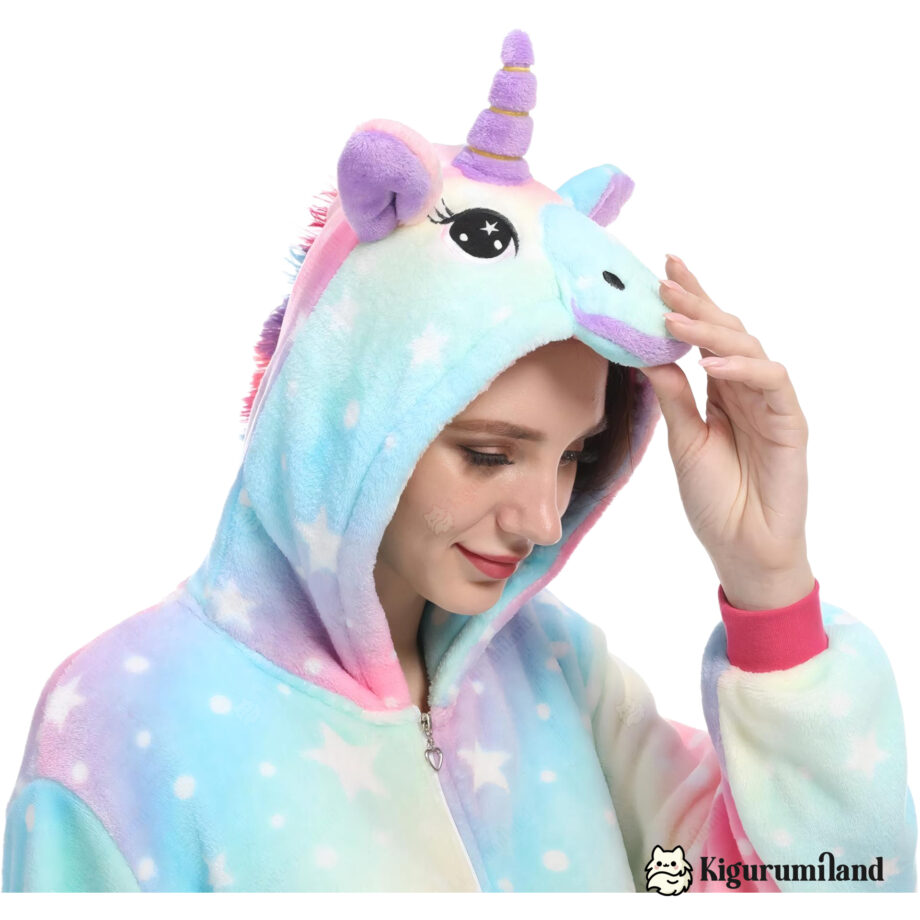 kigurumi licorne arc en ciel rose detail capuche trois quarts