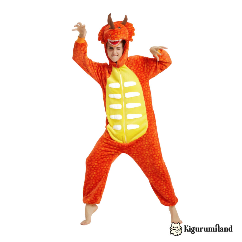 kigurumi triceratops orange femme face action