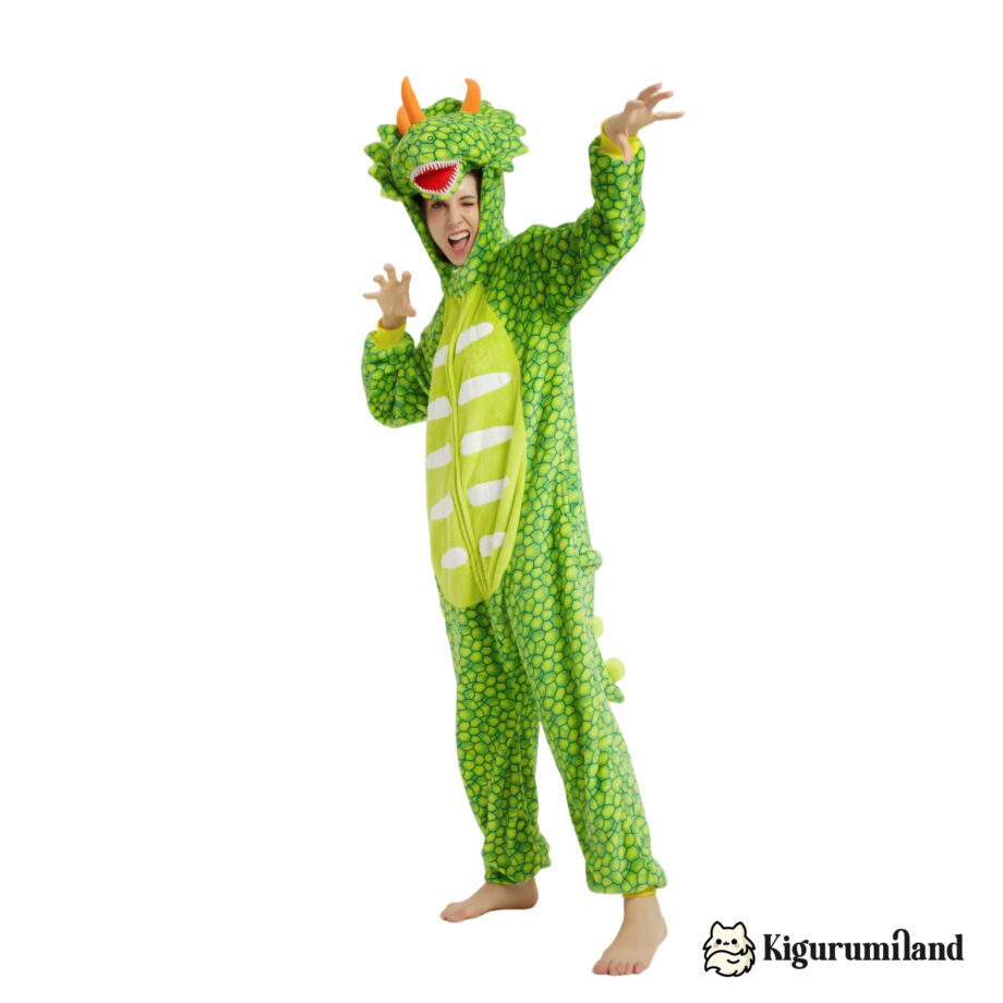 kigurumi triceratops vert clair femme face action