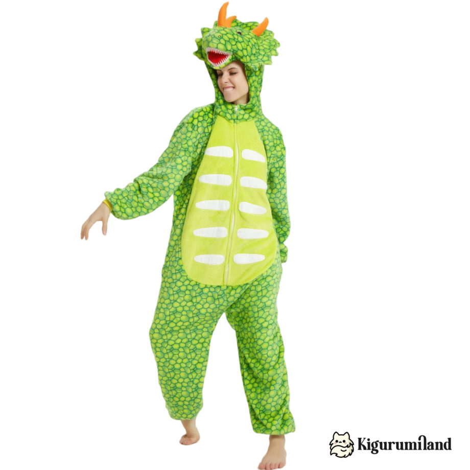 kigurumi triceratops vert clair femme trois quarts