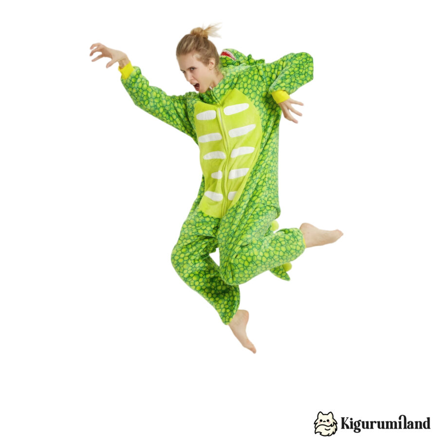 kigurumi triceratops vert clair femme trois quarts action