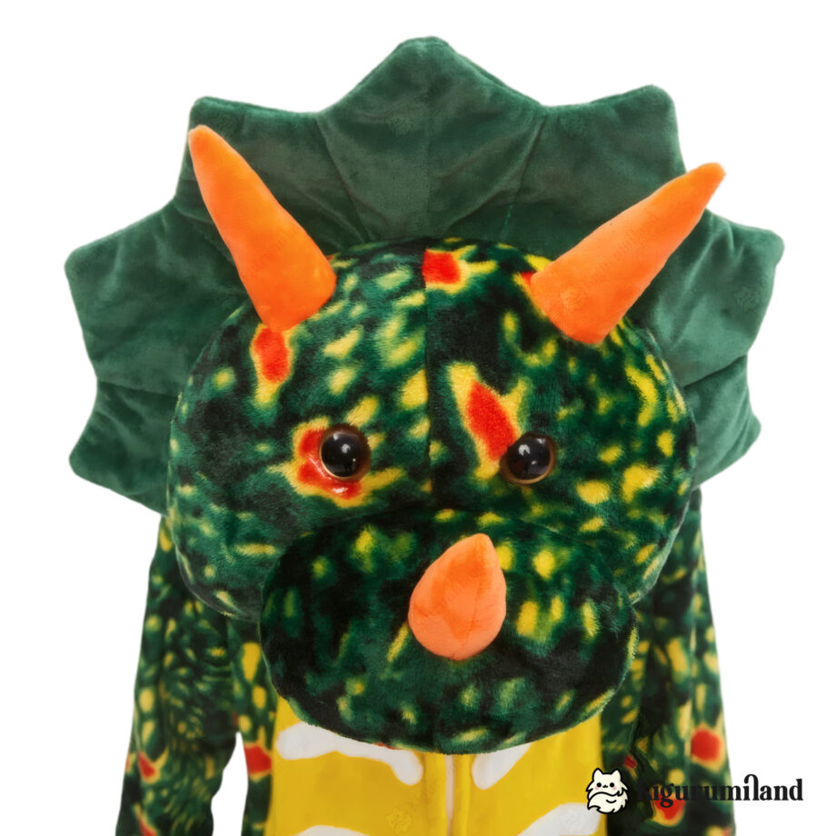 kigurumi triceratops vert fonce enfant detail capuche