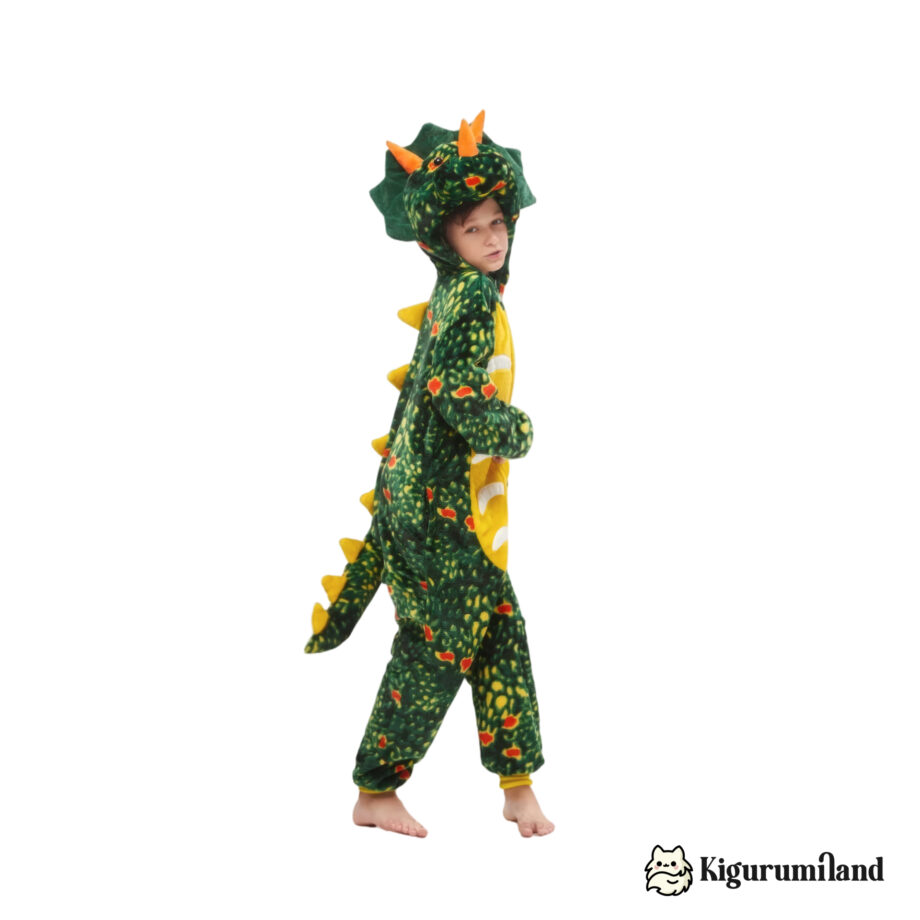 kigurumi triceratops vert fonce enfant trois quarts