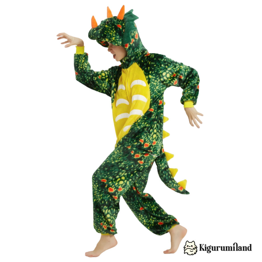 kigurumi triceratops vert fonce femme cote action